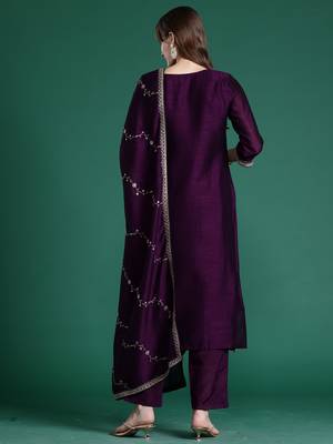Purple embroidered silk blend kurta trouser dupatta set 2