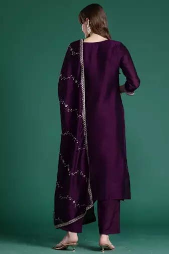 Purple embroidered silk blend kurta trouser dupatta set