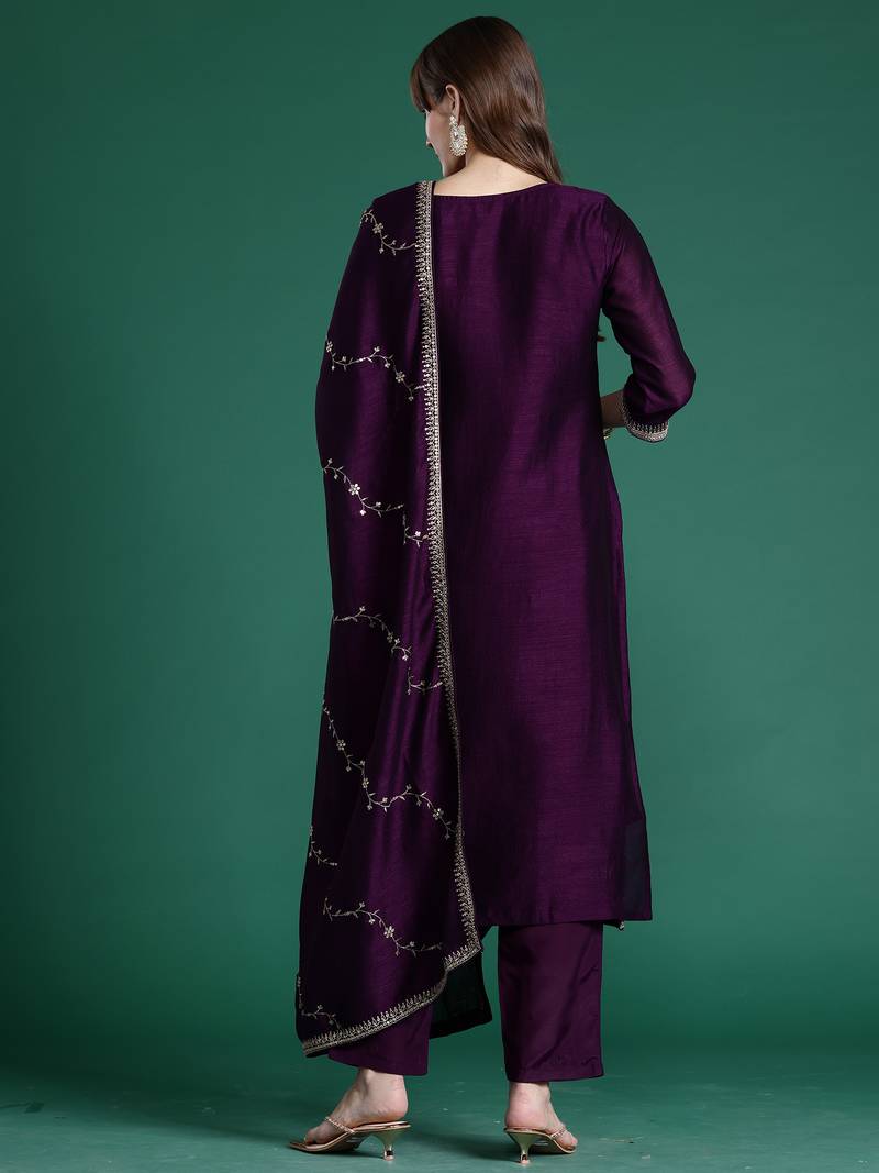 Purple embroidered silk blend kurta trouser dupatta set