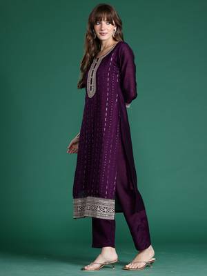 Purple embroidered silk blend kurta trouser dupatta set 3