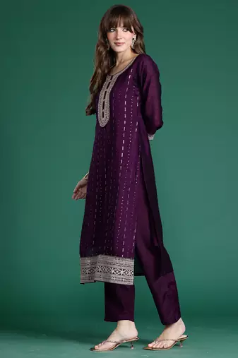 Purple embroidered silk blend kurta trouser dupatta set
