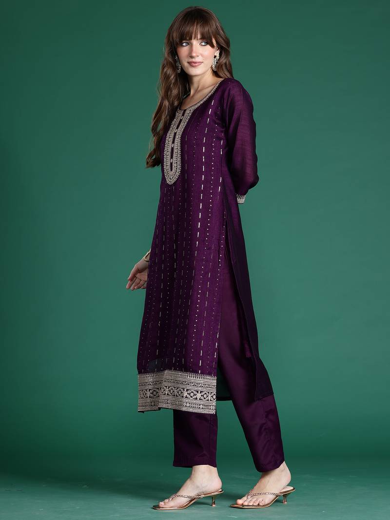Purple embroidered silk blend kurta trouser dupatta set