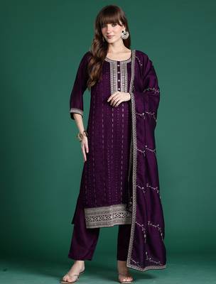 Purple embroidered silk blend kurta trouser dupatta set 4