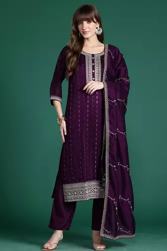 Purple embroidered silk blend kurta trouser dupatta set