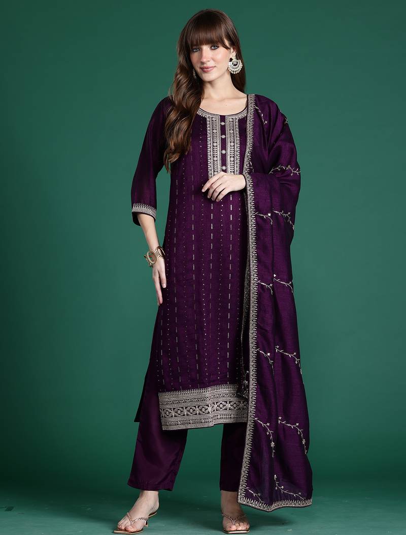 Purple embroidered silk blend kurta trouser dupatta set