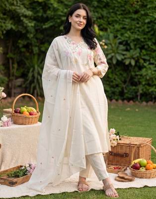 White embroidered pure cotton kurta trouser dupatta set 1