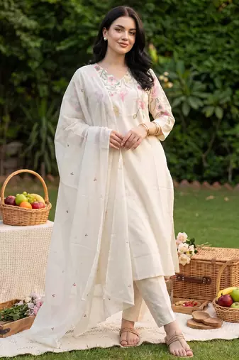 White embroidered pure cotton kurta trouser dupatta set