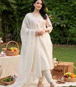 White embroidered pure cotton kurta trouser dupatta set