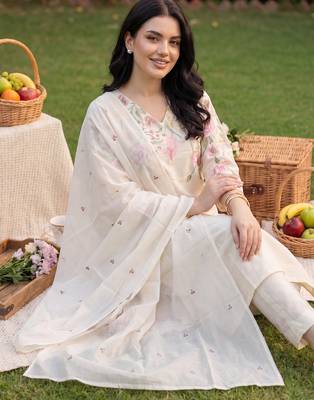 White embroidered pure cotton kurta trouser dupatta set 2