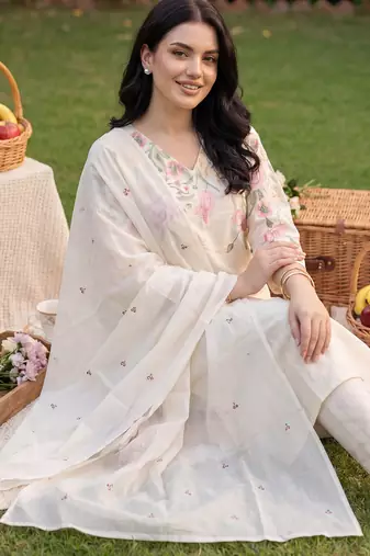 White embroidered pure cotton kurta trouser dupatta set