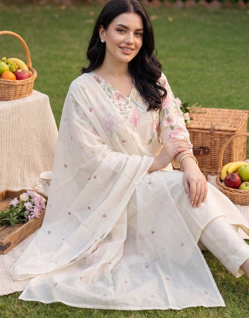 White embroidered pure cotton kurta trouser dupatta set