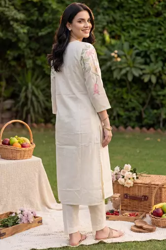 White embroidered pure cotton kurta trouser dupatta set