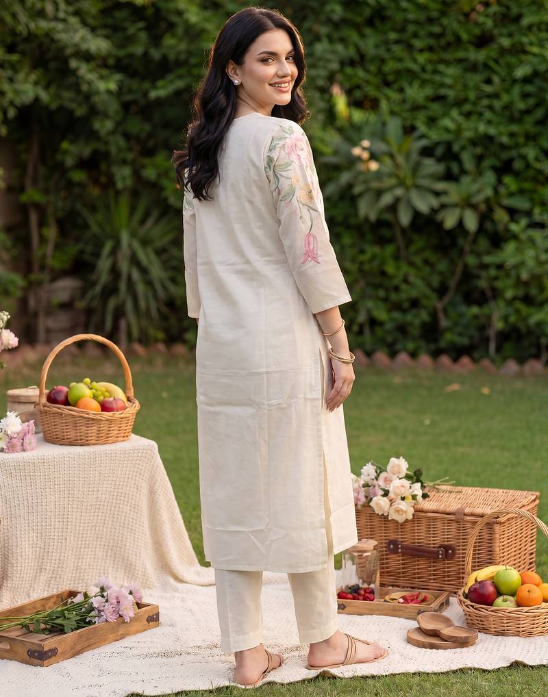 White embroidered pure cotton kurta trouser dupatta set
