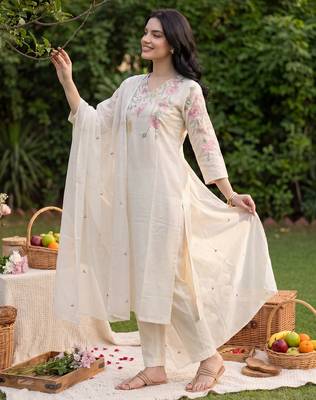 White embroidered pure cotton kurta trouser dupatta set 4