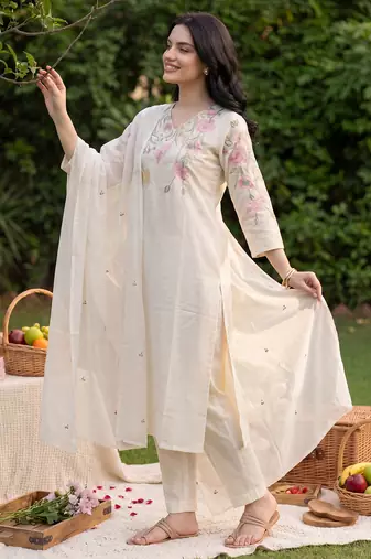 White embroidered pure cotton kurta trouser dupatta set