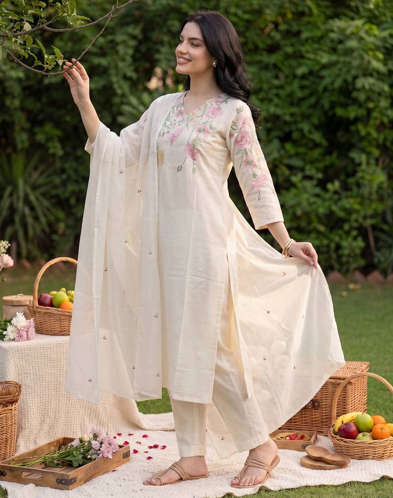 White embroidered pure cotton kurta trouser dupatta set