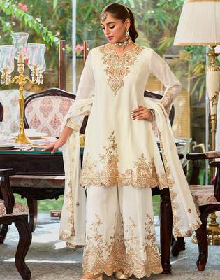 White embroidered chinon kurta trouser dupatta set 1