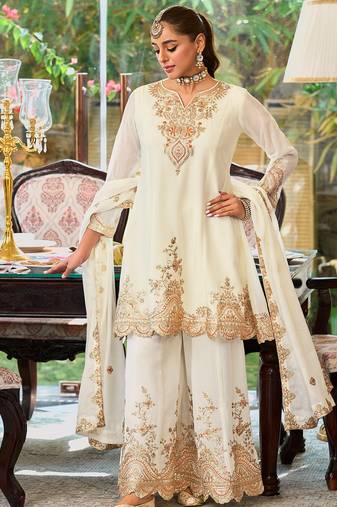 White embroidered chinon kurta trouser dupatta set