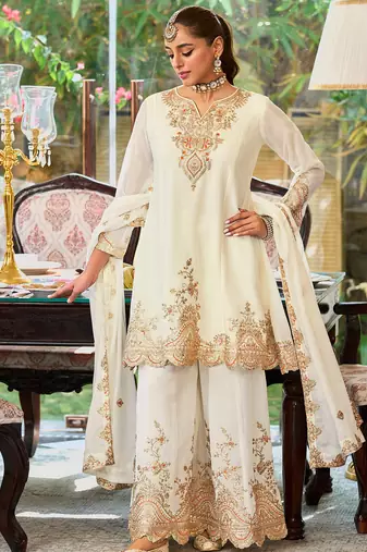 White embroidered chinon kurta trouser dupatta set