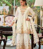 White embroidered chinon kurta trouser dupatta set