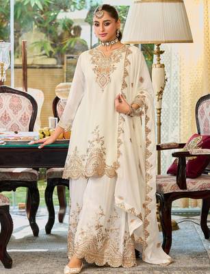 White embroidered chinon kurta trouser dupatta set 3