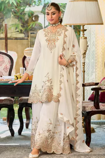 White embroidered chinon kurta trouser dupatta set