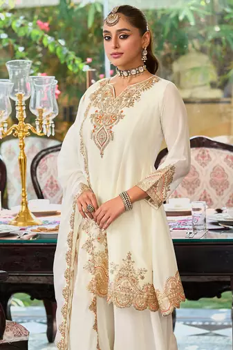 White embroidered chinon kurta trouser dupatta set