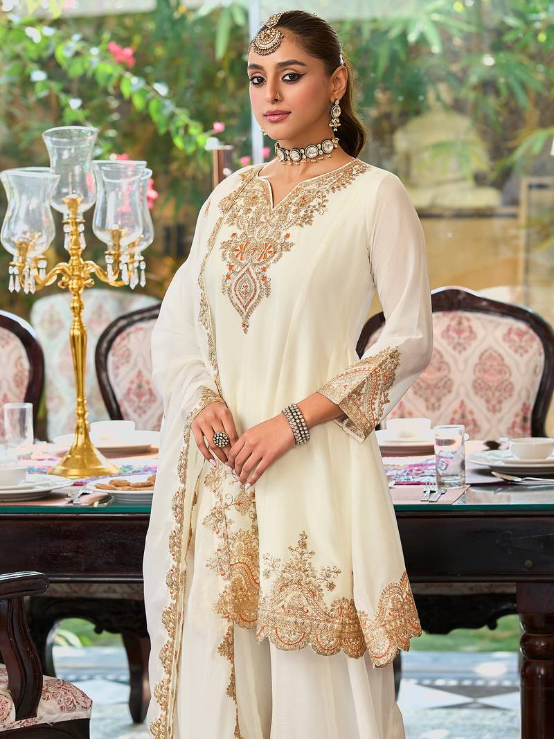 White embroidered chinon kurta trouser dupatta set