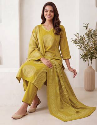 Mustard printed pure cotton kurta trouser dupatta set 1