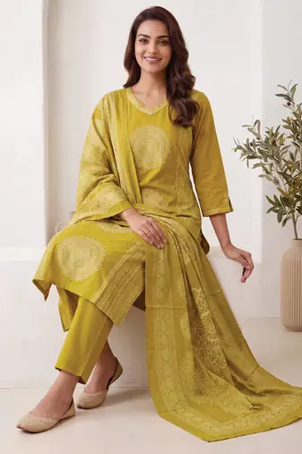 Mustard printed pure cotton kurta trouser dupatta set