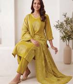 Mustard printed pure cotton kurta trouser dupatta set