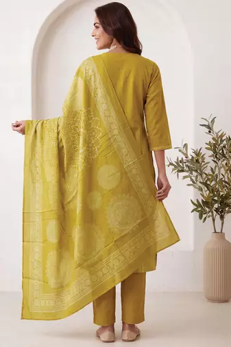 Mustard printed pure cotton kurta trouser dupatta set