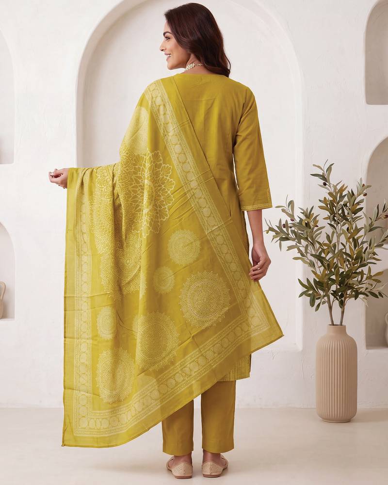Mustard printed pure cotton kurta trouser dupatta set
