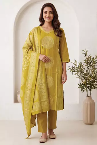 Mustard printed pure cotton kurta trouser dupatta set