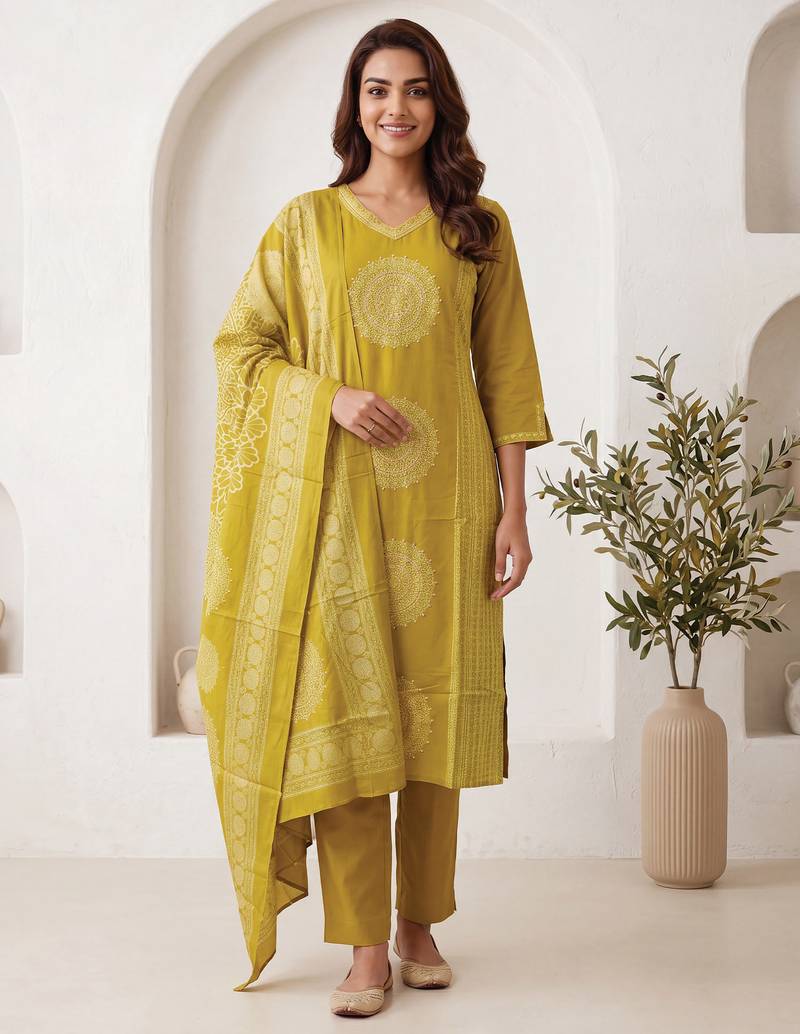 Mustard printed pure cotton kurta trouser dupatta set