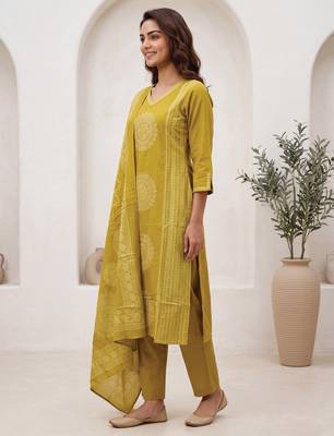 Mustard printed pure cotton kurta trouser dupatta set 4