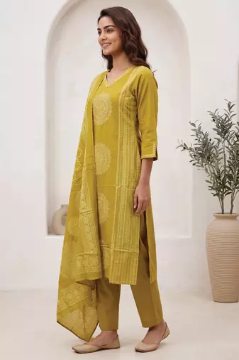 Mustard printed pure cotton kurta trouser dupatta set