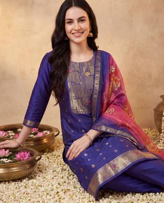 Purple woven design silk blend kurta trouser dupatta set 1