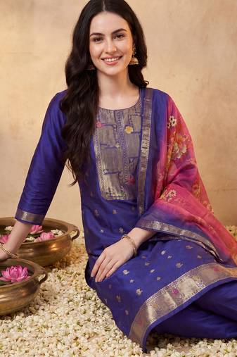 Purple woven design silk blend kurta trouser dupatta set