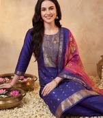 Purple woven design silk blend kurta trouser dupatta set