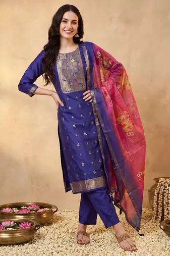 Purple woven design silk blend kurta trouser dupatta set