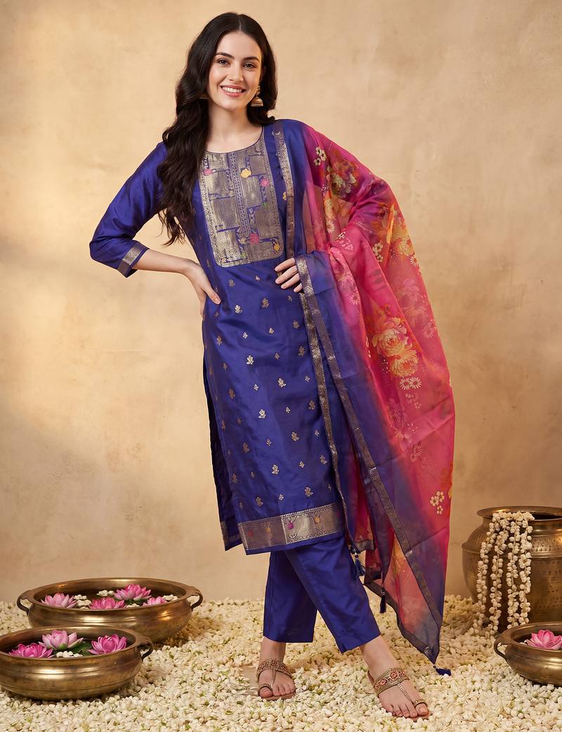 Purple woven design silk blend kurta trouser dupatta set