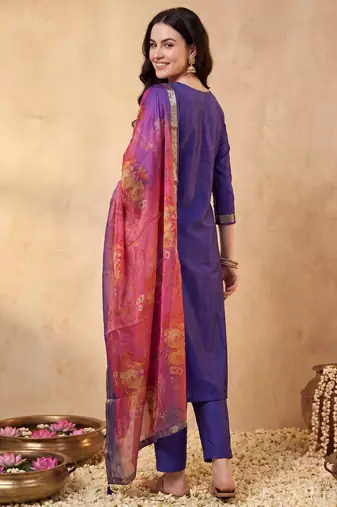 Purple woven design silk blend kurta trouser dupatta set