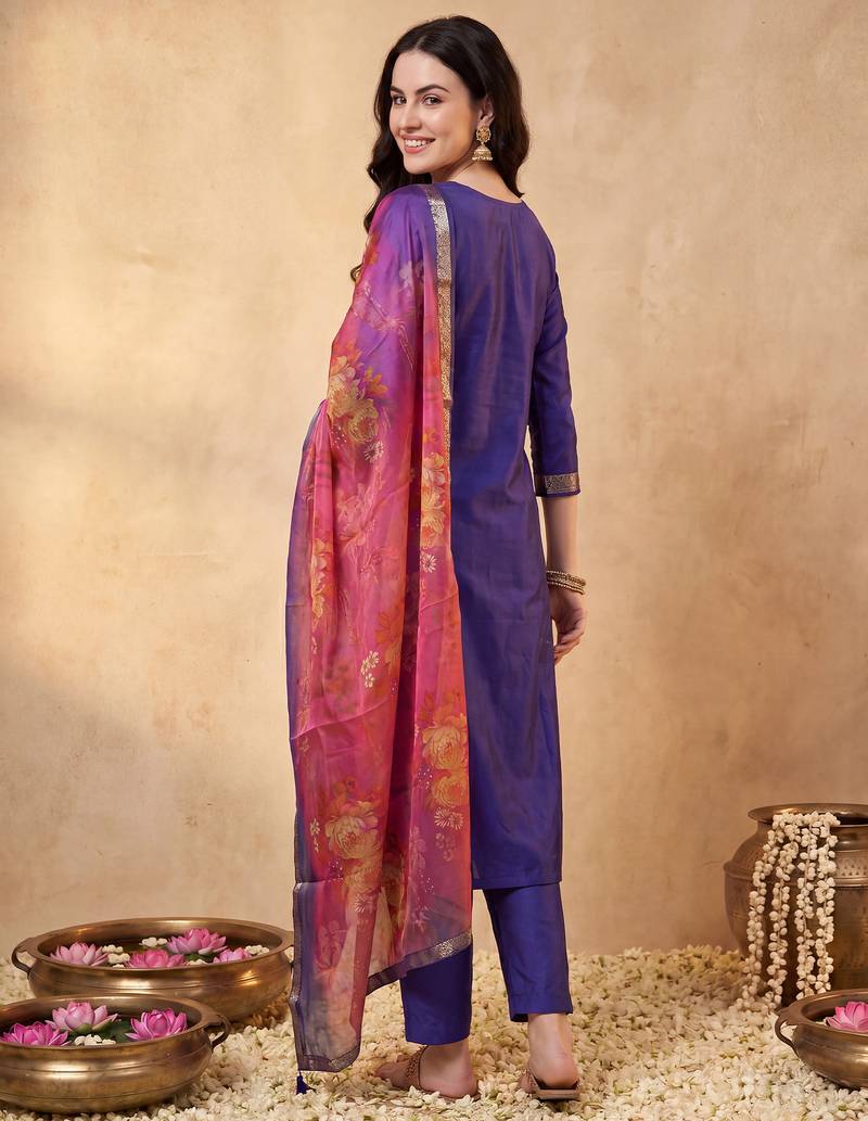 Purple woven design silk blend kurta trouser dupatta set