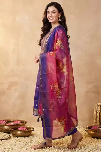 Purple woven design silk blend kurta trouser dupatta set