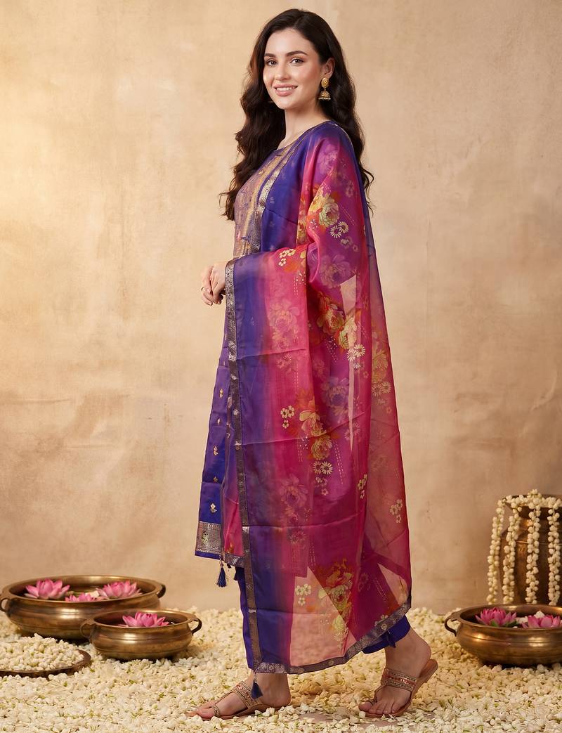 Purple woven design silk blend kurta trouser dupatta set