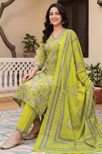 Green printed pure cotton kurta trouser dupatta set