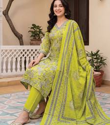 Green printed pure cotton kurta trouser dupatta set