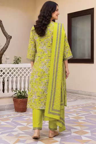 Green printed pure cotton kurta trouser dupatta set