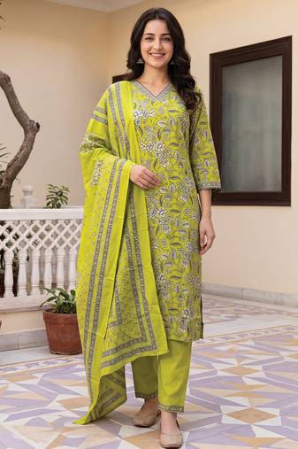 Green printed pure cotton kurta trouser dupatta set